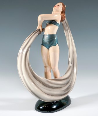 Art Deco Posing Dancer with Cloth Figurine attributed to Stephan Dakon for Keramos, Vienna, 1945-EMT-1804726