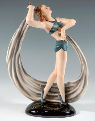 Art Deco Posing Dancer with Cloth Figurine attributed to Stephan Dakon for Keramos, Vienna, 1945-EMT-1804726