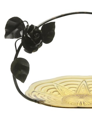 Art Deco Pressed Glass Gateau Dish with Handle or Carrier in Wrought Iron-MJY-1148867