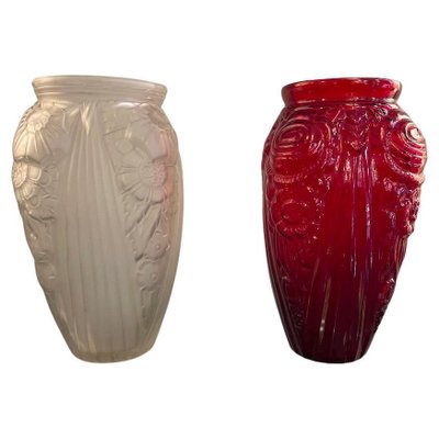 Art Deco Red and Opal White Art Glass Vases, 1940s, Set of 2-XDW-1812154