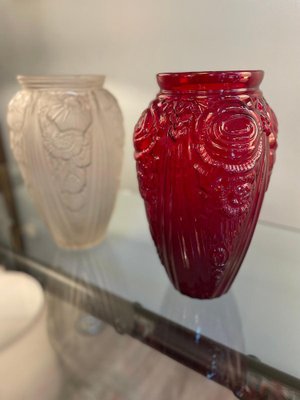 Art Deco Red and Opal White Art Glass Vases, 1940s, Set of 2-XDW-1812154