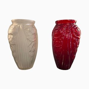 Art Deco Red and Opal White Art Glass Vases, 1940s, Set of 2-XDW-1812154