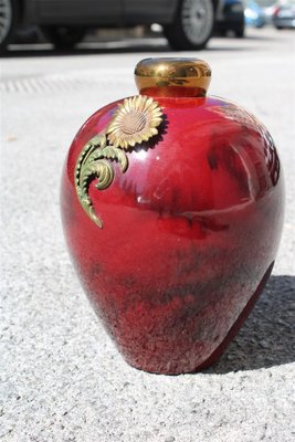 Art Deco Red Ceramic Vase with Gold and Brass, 1930s-EH-1720186