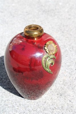 Art Deco Red Ceramic Vase with Gold and Brass, 1930s-EH-1720186