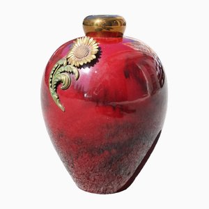 Art Deco Red Ceramic Vase with Gold and Brass, 1930s-EH-1720186