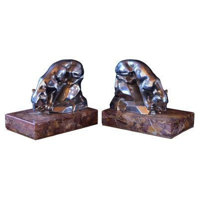 Art Deco Red Marble Polychromed Bookends with Drinking Panthers, France, 1930s, Set of 2-CXC-1368755