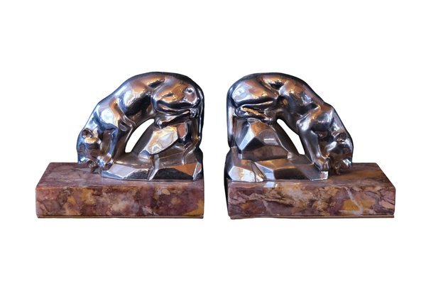 Art Deco Red Marble Polychromed Bookends with Drinking Panthers, France, 1930s, Set of 2-CXC-1368755