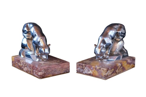 Art Deco Red Marble Polychromed Bookends with Drinking Panthers, France, 1930s, Set of 2-CXC-1368755