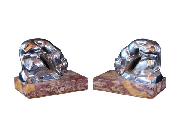 Art Deco Red Marble Polychromed Bookends with Drinking Panthers, France, 1930s, Set of 2-CXC-1368755