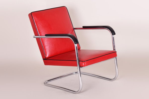 Art Deco Red Tubular Armchair by Anton Lorenz for Thonet, 1930s-WHY-1767771