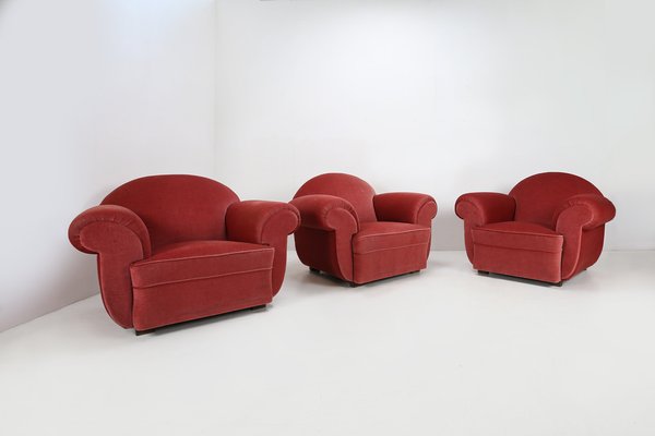 Art Deco Red Upholstery Armchairs, 1930, Set of 3-YSY-1385496