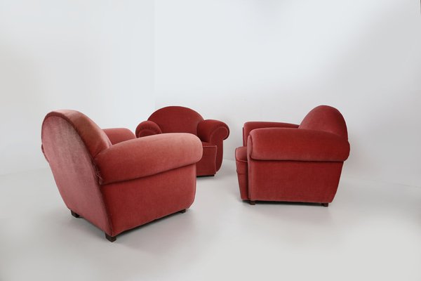 Art Deco Red Upholstery Armchairs, 1930, Set of 3-YSY-1385496