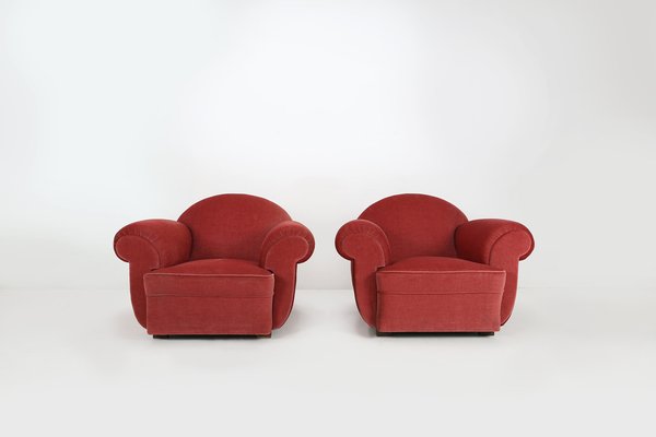 Art Deco Red Upholstery Armchairs, 1930, Set of 3-YSY-1385496