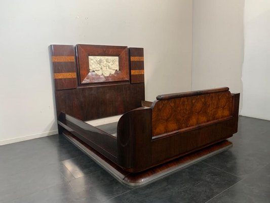 Art Deco Rosewood & Walnut Bed Frame with Carved Headboard by Ducrot, 1922-IJR-868824