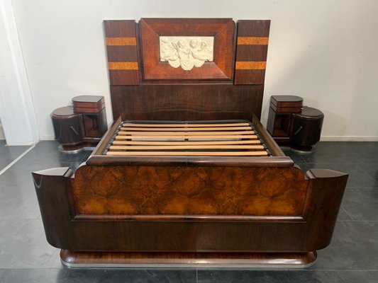 Art Deco Rosewood & Walnut Bed Frame with Carved Headboard by Ducrot, 1922-IJR-868824