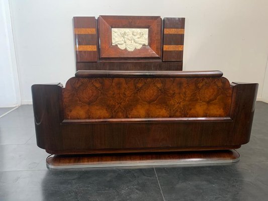 Art Deco Rosewood & Walnut Bed Frame with Carved Headboard by Ducrot, 1922-IJR-868824