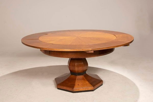 Art Deco Round Oak Dining Table with Black Wood Details, 1940s-XDW-1803356