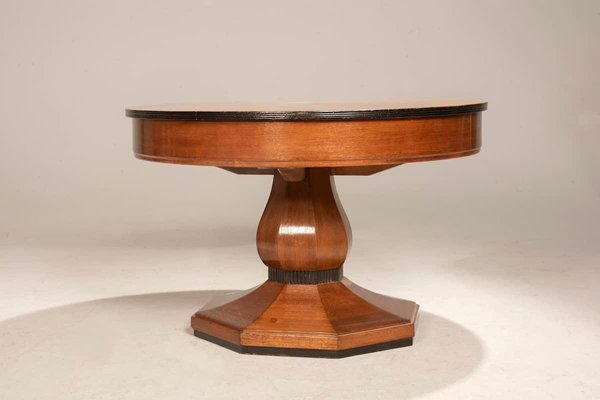 Art Deco Round Oak Dining Table with Black Wood Details, 1940s-XDW-1803356