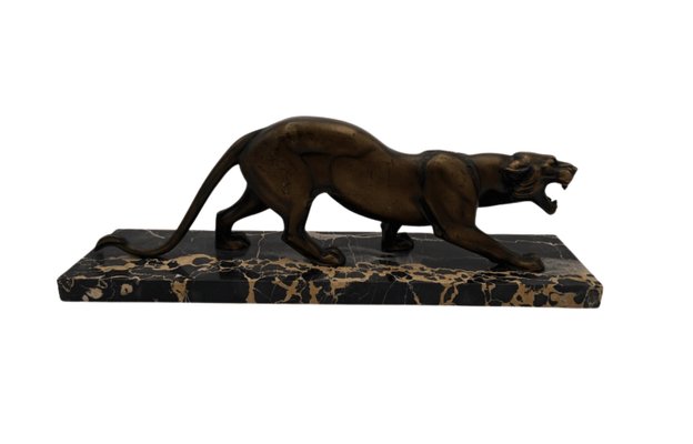 Art Deco Sculpture of a Panther in Bronze & Marble by Irénée Rochard, France, 1930s-NNB-1277070