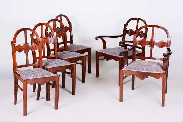 Art Deco Shellac Polished Armchairs and Chairs in Walnut, 1920s, Set of 6-WHY-1767856