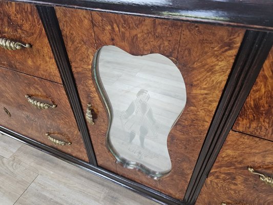 Art Deco Sideboard in Mahogany Root with Drawers and Worked Glass Door, 1950-ZUW-2035912