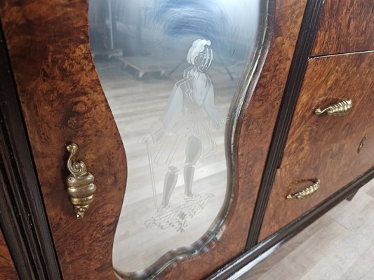 Art Deco Sideboard in Mahogany Root with Drawers and Worked Glass Door, 1950-ZUW-2035912