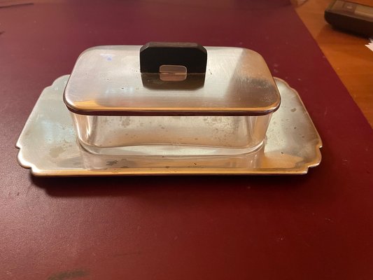 Art Deco Silver-Plated Butter Dish and Knife in the style of Puiforcat, Paris, France, 1920s, Set of 2-XHV-1806836