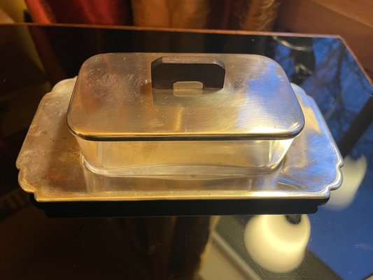 Art Deco Silver-Plated Butter Dish and Knife in the style of Puiforcat, Paris, France, 1920s, Set of 2-XHV-1806836