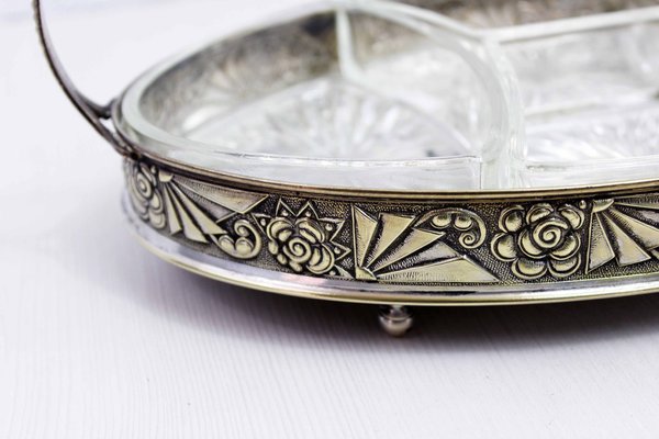 Art Deco Silver-Plated Tray with Glass Ramekins, 1930s, Set of 5-BQF-1807788