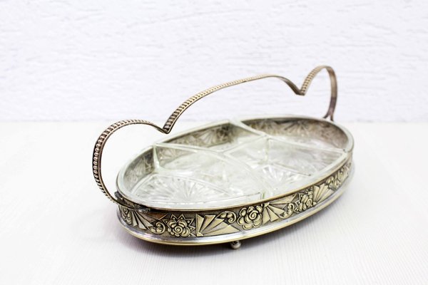 Art Deco Silver-Plated Tray with Glass Ramekins, 1930s, Set of 5-BQF-1807788