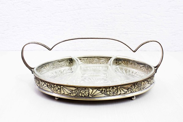 Art Deco Silver-Plated Tray with Glass Ramekins, 1930s, Set of 5-BQF-1807788