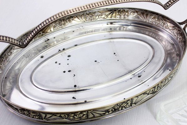 Art Deco Silver-Plated Tray with Glass Ramekins, 1930s, Set of 5-BQF-1807788