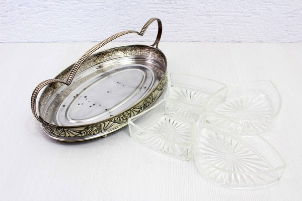 Art Deco Silver-Plated Tray with Glass Ramekins, 1930s, Set of 5-BQF-1807788