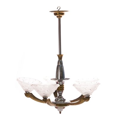 Art Deco Silvered Brass Chandelier from Ezan, 1930s-FSD-583768