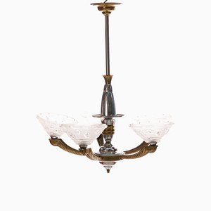 Art Deco Silvered Brass Chandelier from Ezan, 1930s-FSD-583768