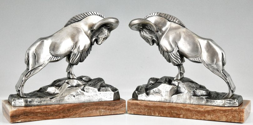 Art Deco Silvered Bronze Ibex Bookends by C. Charles., 1925, Set of 2-KTN-1758102