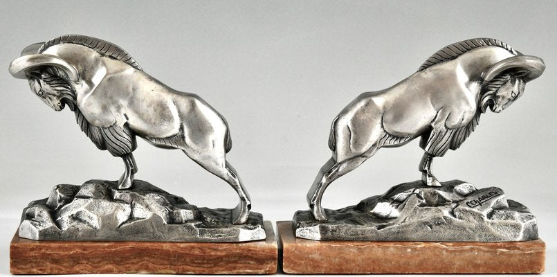 Art Deco Silvered Bronze Ibex Bookends by C. Charles., 1925, Set of 2-KTN-1758102