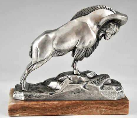 Art Deco Silvered Bronze Ibex Bookends by C. Charles., 1925, Set of 2-KTN-1758102