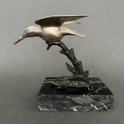 Art Deco Silvered Bronze Kingfisher Sculpture, 1930s-QKG-2042745