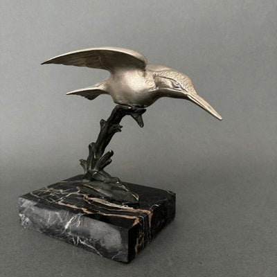 Art Deco Silvered Bronze Kingfisher Sculpture, 1930s-QKG-2042745