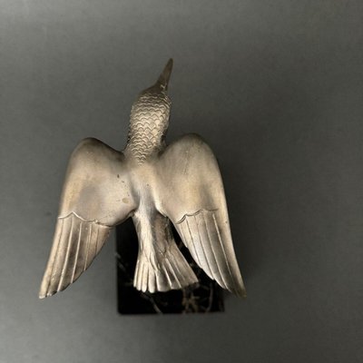 Art Deco Silvered Bronze Kingfisher Sculpture, 1930s-QKG-2042745