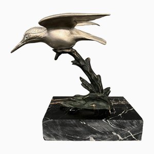 Art Deco Silvered Bronze Kingfisher Sculpture, 1930s-QKG-2042745