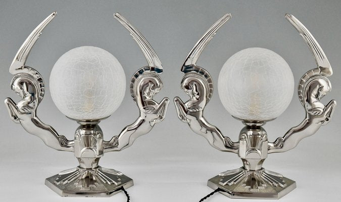 Art Deco Silvered Bronze Pegasus Lamps by Paris Star, 1925, Set of 2-KTN-1730005