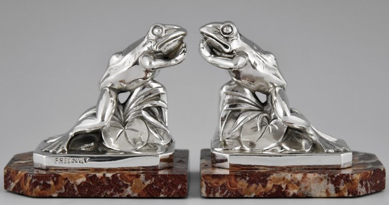 Art Deco Silvered Frog Bookends by Maurice Frecourt, 1930, Set of 2-KTN-1793726