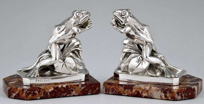 Art Deco Silvered Frog Bookends by Maurice Frecourt, 1930, Set of 2-KTN-1793726