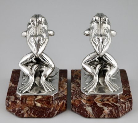 Art Deco Silvered Frog Bookends by Maurice Frecourt, 1930, Set of 2-KTN-1793726