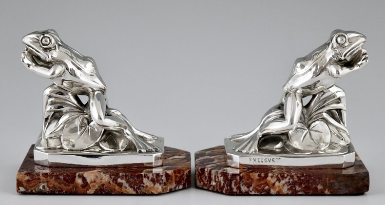 Art Deco Silvered Frog Bookends by Maurice Frecourt, 1930, Set of 2-KTN-1793726