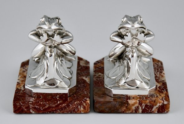 Art Deco Silvered Frog Bookends by Maurice Frecourt, 1930, Set of 2-KTN-1793726