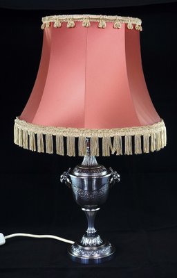 Art Deco Silvered Goats Rose Table Lamp with Pink Silk Lampshade, 1930s-NGU-1820010