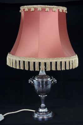 Art Deco Silvered Goats Rose Table Lamp with Pink Silk Lampshade, 1930s-NGU-1820010